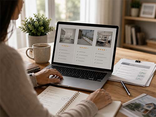 Person comparing home adaptation companies on a laptop.